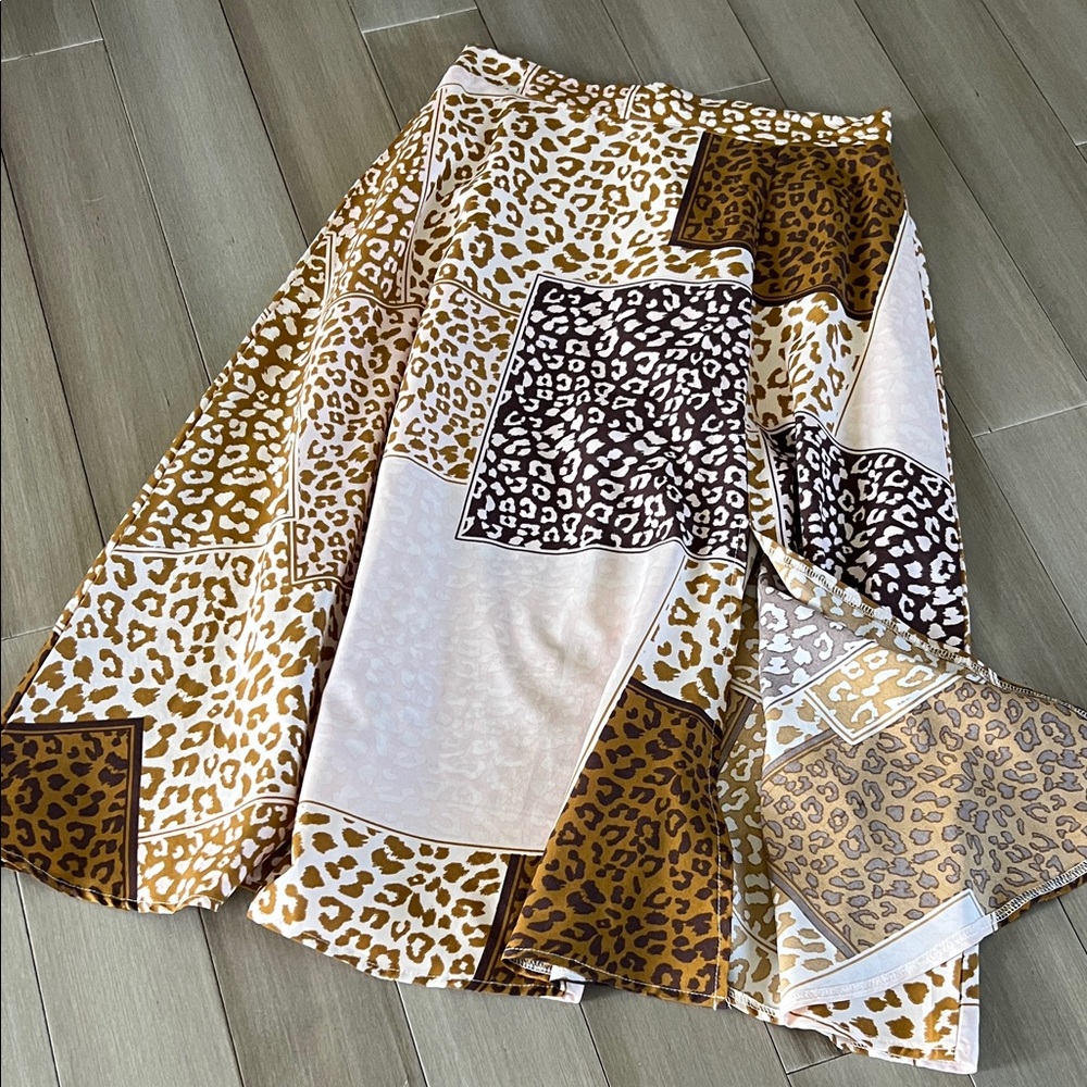 SHEIN Leopard Patchwork Midi Skirt - Brown and Cream